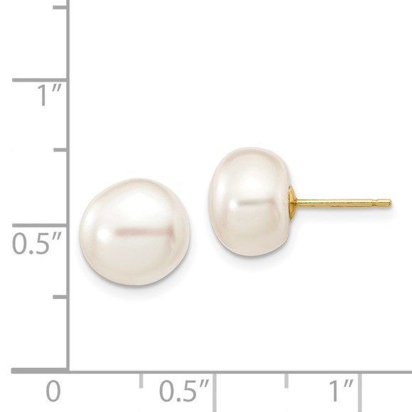 14k 9-10mm White Button Freshwater Cultured Pearl Stud Post Earrings - Picture 2 of 4